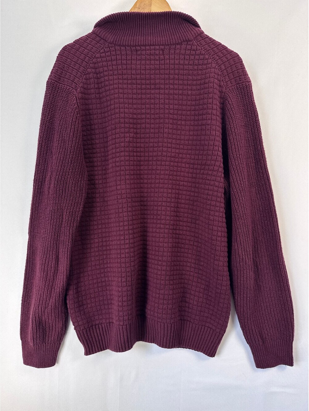 Burgundy Waffle Knit Button Mock Neck Cotton Sweater Old Money Preppy Mens L - Picture 4 of 9